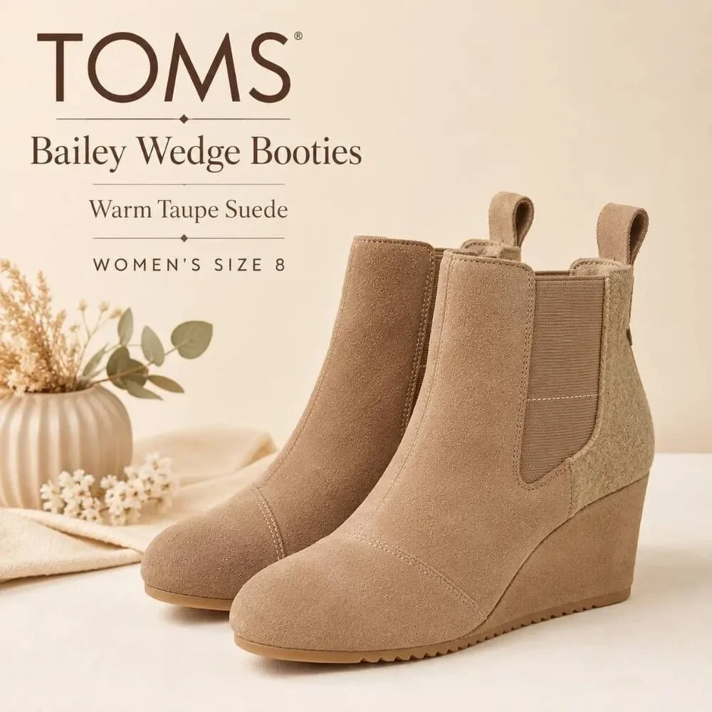 NWT TOMS Bailey Wedge Ankle Booties Warm Taupe Suede Winter Woven Size 8